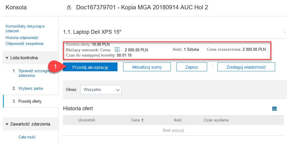Instrukcja Logowanie oraz panel Bieżący warunek pokazany w ramce to kwota 2000 zł. Pozostały czas do akceptacji, to 1 minuta 10 sekund.