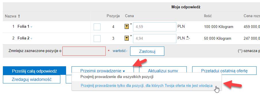 Po prawej stronie pola z ceną prezentowana jest również ikona, gdzie: - moja cena nie jest najlepsza, czyli nie prowadzę w tej pozycji - moja cena jest w tym momencie najlepszą oferowaną na tą