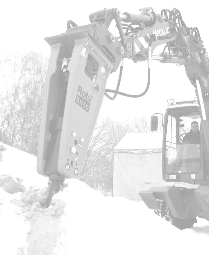 MŁOTY HYDRAULICZNE SERII BH Głównym założeniem konstrukcyjnym młotów hydraulicznych ROBI serii BH była ich doskonała współpraca z koparko-ładowarkami w przedziale 6-11 ton.