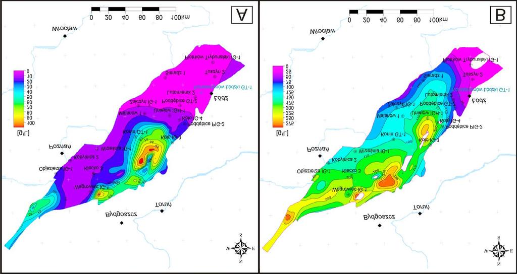Rys. 2. Mapa mineralizacji wód w stropie zbiorników geotermalnych A kredy dolnej, B jury dolnej Fig. 2. Map of the TDS at the top surface of Lower Cretaceous (A) and Lower Jurassic formations (B) Rys.
