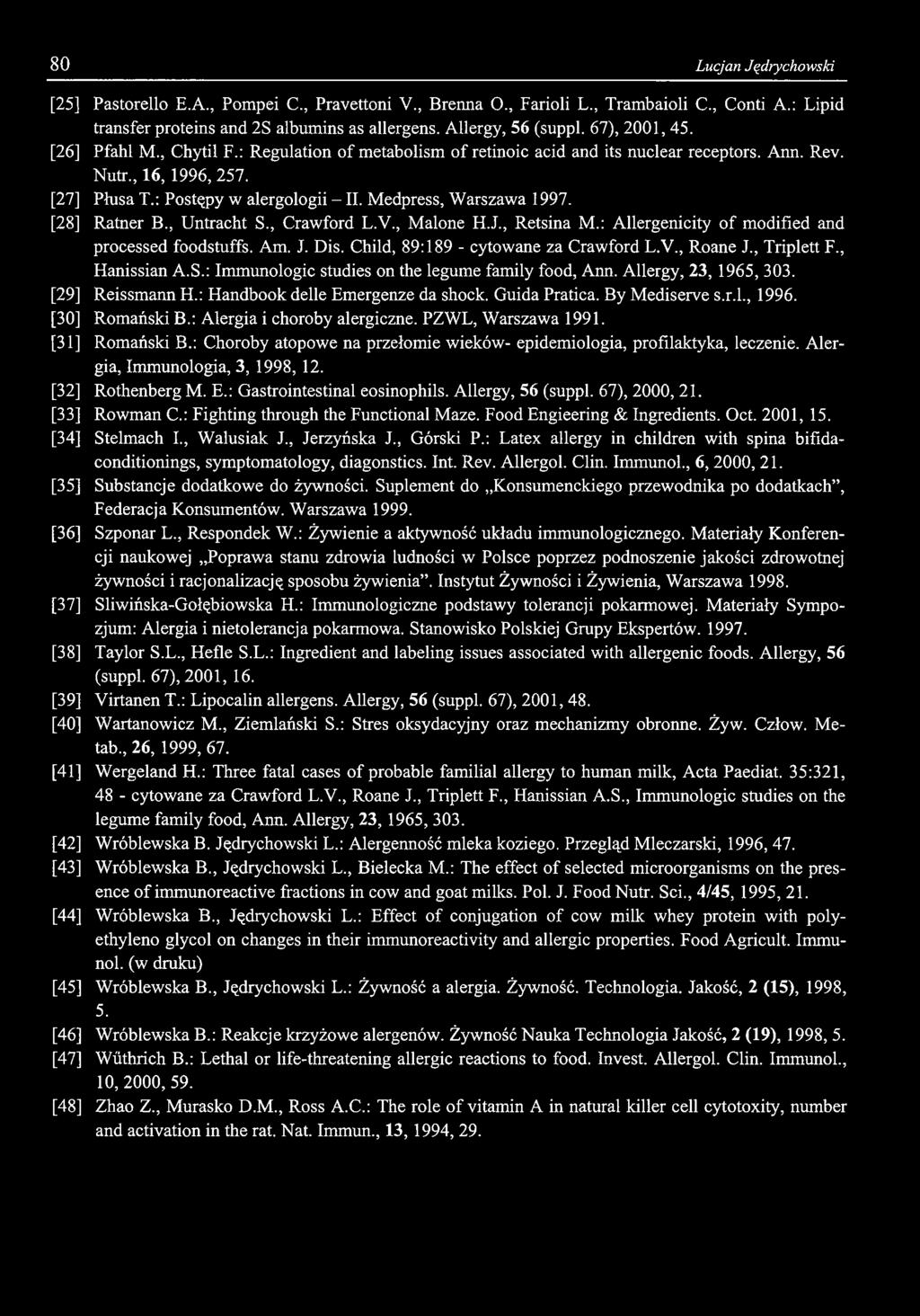 80 Lucjan Jędrychowski [25] Pastorello E.A., Pompei C., Pravettoni V., Brenna O., Farioli L., Trambaioli C., Conti A.: Lipid transfer proteins and 2S albumins as allergens. Allergy, 56 (suppl.