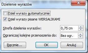 Wyłączenie opcji Dziel wyrazy automatycznie usuwa już dokonane automatycznie podziały wyrazów.