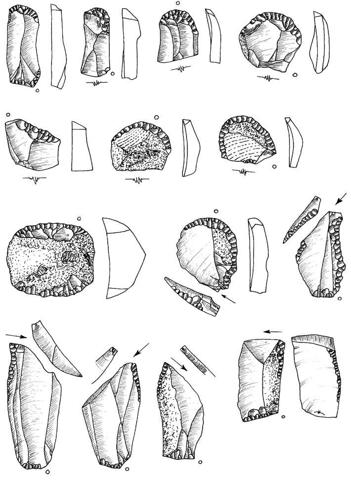 Ryc. 33. Bolków 1, wykop III, krzemienica 3. Rys. T. Galiński 1 8 drapacze; 9 drapacz zdwojony z rylcem; 10 14 rylce Fig. 33. Bolków 1, trench III, flint scatter 3.