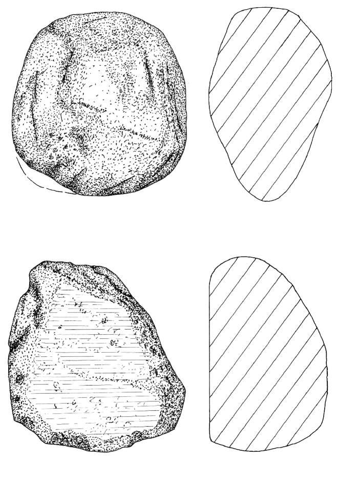 Ryc. 42. Bolków 1, wykop III, krzemienica 3. Rys. T. Galiński 1 tłuczek kamienny; 2 gładzik kamienny Fig.