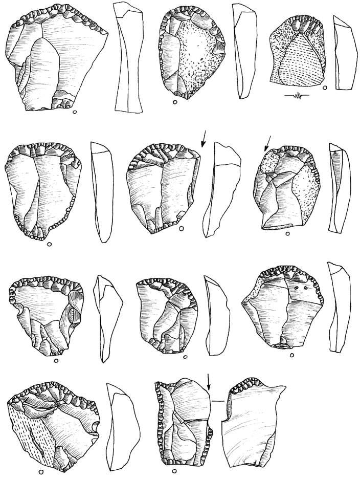 Ryc. 20. Bolków 1, wykop II, krzemienica 2. Rys. T. Galiński 1 10 drapacze; 11 pazur/przekłuwacz Fig. 20. Bolków 1, trench II, flint scatter 2.