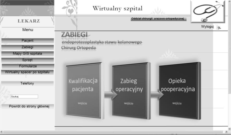 Rys. 7. Interfejs widziany przez chirurga ortopedę po dokonaniu filtrowania zasobów wiedzy w systemie Wirtualny szpital 4.