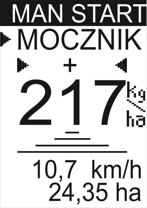 1 1 środkowy lub prawy przycisk joysticka. W polu pomiarowym wyświetli się zanegowany napis 10 km/h. Jest to symulowana prędkość jazdy rozsiewacza.