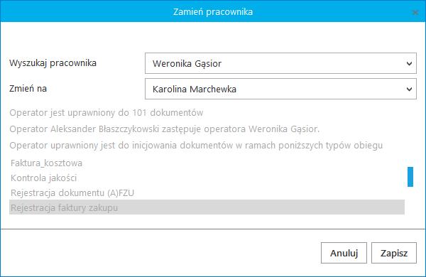 definiowanych na karcie pracownika, te zmiany muszą być dokonane przez administratora. Na liście pracowników udostępniono przycisk wywołujący okno Zamień pracownika.