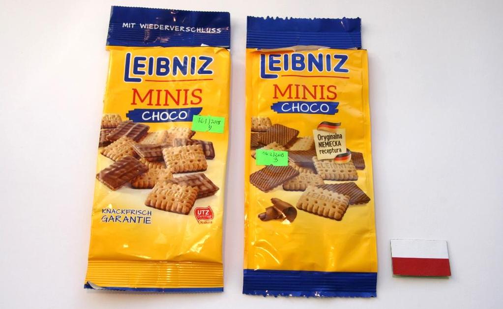 Leibniz Minis Choco : mimo co większego opakowania, produkt PL zawiera o 25 g mj produktu niż wersja na EZ (szerokość i wysokość opakowań identyczna, PL głębsze), produkt PL oznakowany deklaracją