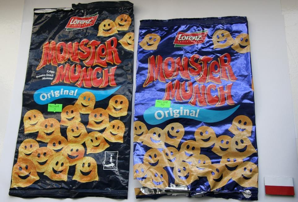 Monster Munch Original : produkt PL oznakowany deklaracją Original jak produkt EZ, może to sugerować konsumentom, że jest to i sam produkt jak na rynku zachodnim, opakowa PL zawiera 50 g produktu, a