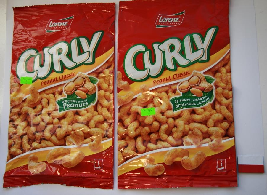 Curly Peanut Classic : przy identycznych wymiarach opakowań, produkt PL zawiera o 30 g mj produktu niż produkt EZ: masa netto PL 120 g, EZ - 150 g.