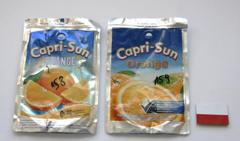 Capri-Sun Orange : produkt PL zawiera sok pomarańczowy z zagęszczonego soku pomarańczowego (20,1%), a produkt EZ soki z zagęszczonych soków z pomarańczy (7%), cytryny (4,9%) i limonki (0,1%), z ww.
