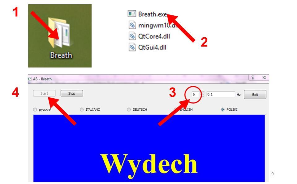 Niezbędna aparatura i akcesoria: (1) aparat EKG, (2) zegarek lub stoper, (3) program Breath do wyznaczania rytmu oddychania, (4) flamaster. 1.