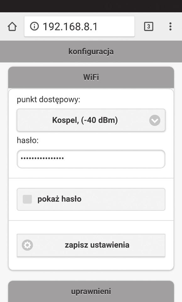 3. Ustawić parametry sieci Wi-Fi w module. w przeglądarce wpisać adres 192.168.8.1 i połączyć się z nim (rys. 7a), wybrać sieć Wi-Fi z rozwijanej listy (rys.