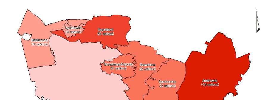 Mapa nr 1 Gęstość zaludnienia w jednostkach urbanistycznych Gminy i Miasta Jastrowie Opracowanie własne 3.2.