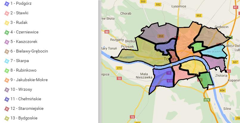 Mapa 2. Jednostki pomocnicze, funkcjonujące na terenie Torunia. Źródło: Oficjalna strona internetowa Urzędu Miasta Torunia (dostęp 14.02.2016).