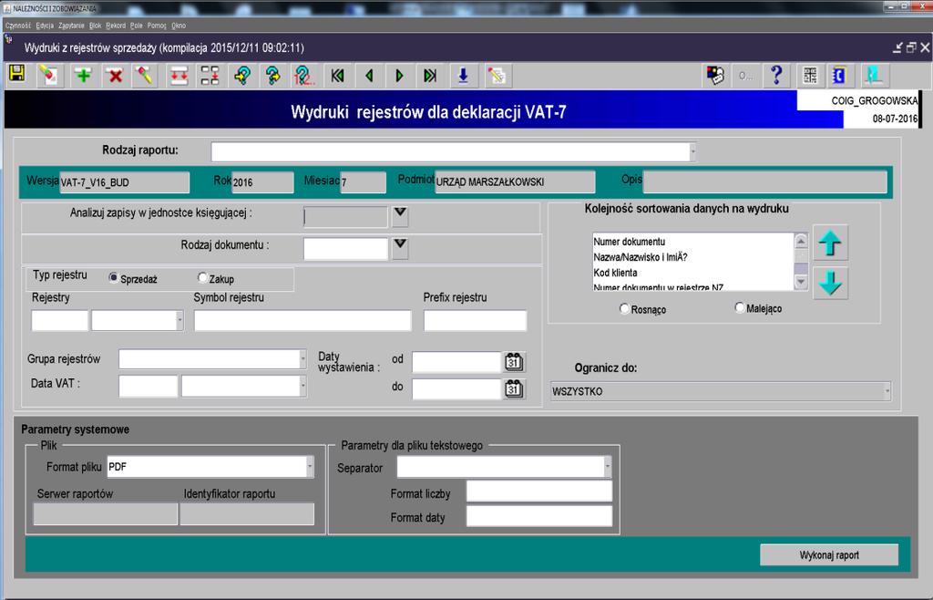 16. W celu wydrukowania zestawienia z dokumentów sprzedaży/zakupu podłączonych do deklaracji należy wybrać Rodzaj raportu, w zależności od wybranego raportu zaznaczyć Typ rejestru Sprzedaż lub Zakup