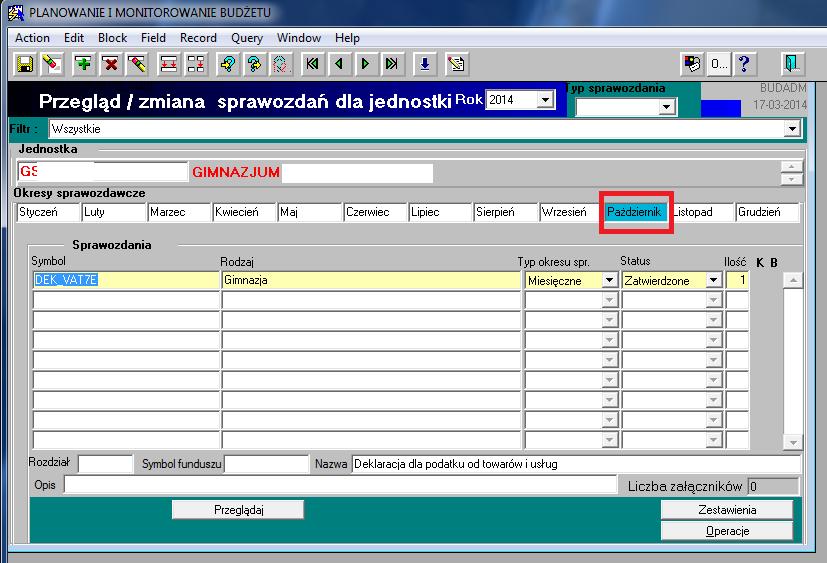 6. Generowanie deklaracji VAT-7 w Excel Aby wygenerować deklarację VAT-7 w formie raportu do Excela należy wybrać moduł Planowanie i monitorowanie budżetu, submoduł Deklaracja VAT-7, funkcję