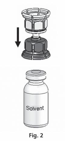 Rozpuszczalnik w fiolce (szkło typu I) z korkiem (guma chlorobutylowa lub bromobutylowa) i wieczkiem typu flip-off - 1 strzykawkę jednorazowego użytku, 1 zestaw do transferu Mix2Vial TM, 1 igłę do