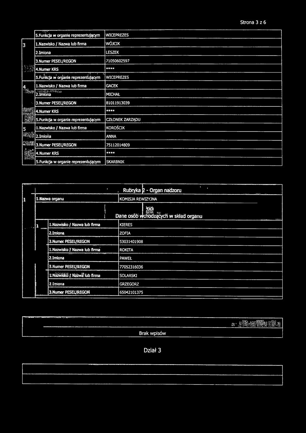 nazwa organu KOMISJA REWIZYJNA Dane osób w c ^ a k y c h w skład oiganu... ; 1 l.nazwisko / Nazwa lub firm a KIERES 2.1miona ZOFIA 3.Numer PESEL/REGON 53031401908 l.