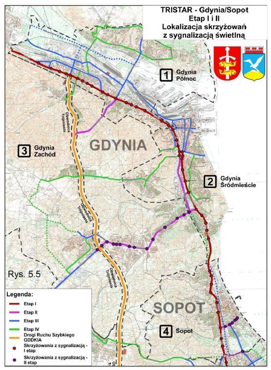 TRISTAR w liczbach (Gdynia): 74 skrzyżowania (sygnalizacja, stacje pomiaru ruchu, detekcja 31 kamer szybkoobrotowych 9 Tablic Zmiennej Treści 5 Znaków Zmiennej Treści 5 Drogowych Stacji