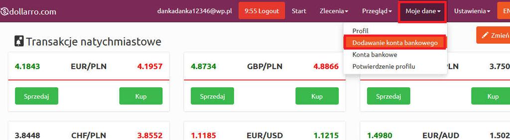 Rysunek 22. Dodawanie konta bankowego w menu górnym.