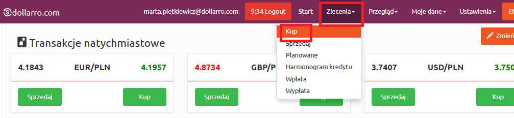 EUR/PLN, kliknąć pole Kup (Rysunek 48). Rysunek 49. Kupno.