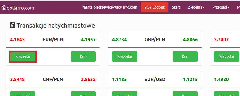 zakupu (Rysunek 58). Sprzedaż waluty Rysunek 59. Sprzedaż. Przycisk sprzedaży.