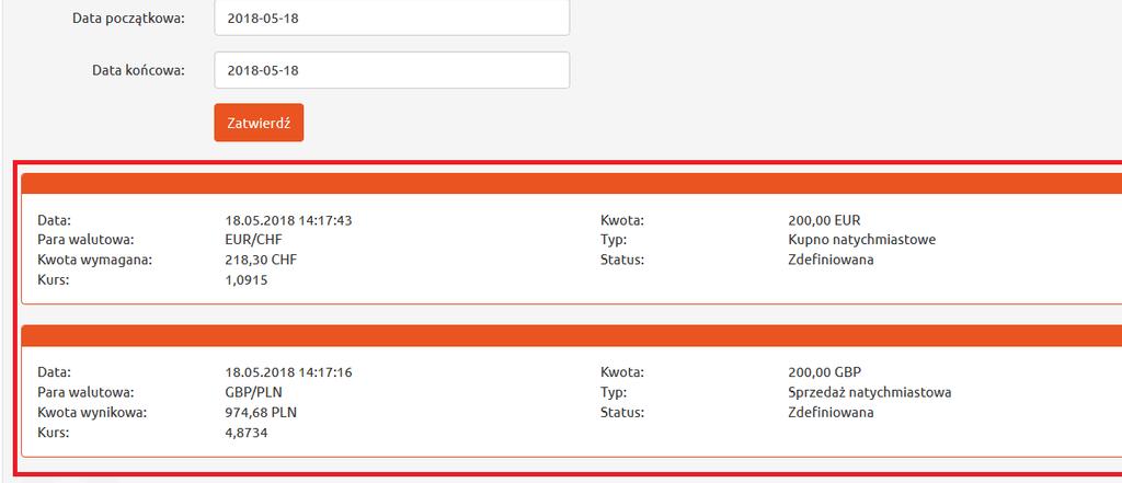 Rysunek 73. Przegląd transakcji natychmiastowych. Data końcowa. Jeżeli użytkownik chce sprawdzić, jakie transakcje wykonał w określonym przedziale czasu (np. od 1 maja 2018r. do 18 maja 2018r.