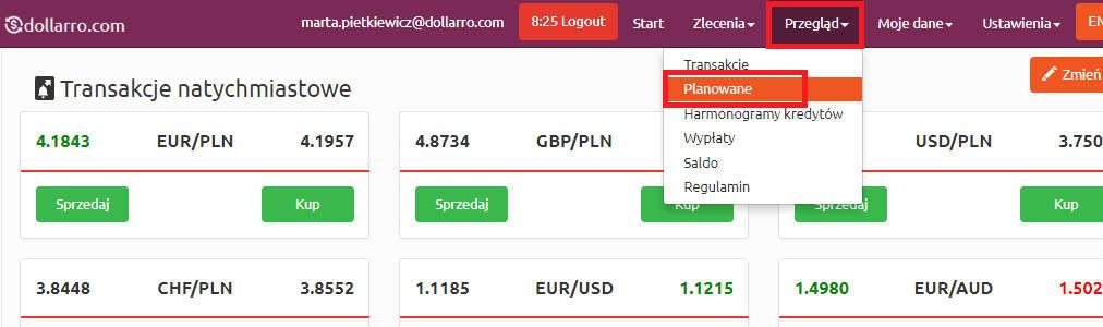 Rysunek 91. Przegląd transakcji planowanych. Rysunek 92. Przegląd transakcji planowanych z menu górnego.