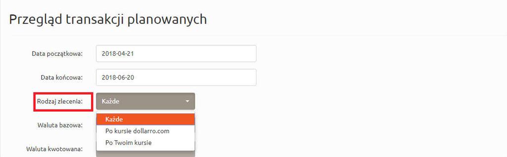 Rysunek 95. Przegląd transakcji planowanych. Wybór daty końcowej. Jeżeli użytkownik chce sprawdzić, jakie transakcje wykonał w określonym przedziale czasu (np. od 21 kwietnia 2018r.