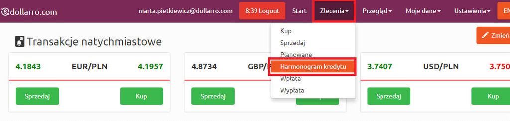 Rysunek 132. Harmonogram spłat kredytu. Dodawanie zlecenia. Rysunek 133. Harmonogram spłat kredytu. Dodawanie zlecenia z menu górnego.