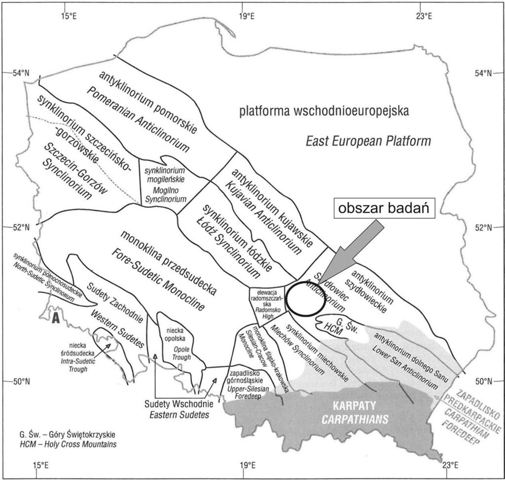 10 Wyniki wieloletnich badań z zakresu tektoniki analizowanego obszaru podsumował w 2008 r. Karnkowski.
