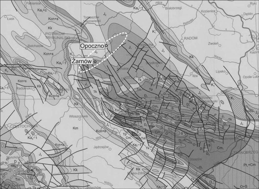 3. Zarys budowy geologicznej obszaru badań Obszar badań położony jest w obrębie wychodni skał jurajskich w północno-zachodnim permo-mezozoicznym obrzeżeniu Gór Świętokrzyskich (rys. 3.1).