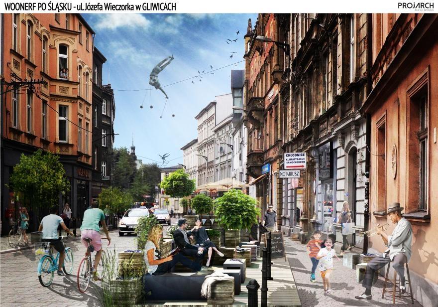 WOONERF NA SIEMIŃSKIEGO Rozpoczęły się prace modernizacyjne na ul. Siemińskiego (dawna ul. Wieczorka). Ulica ma stać się pierwszym w mieście woonerfem czyli miejskim podwórcem.