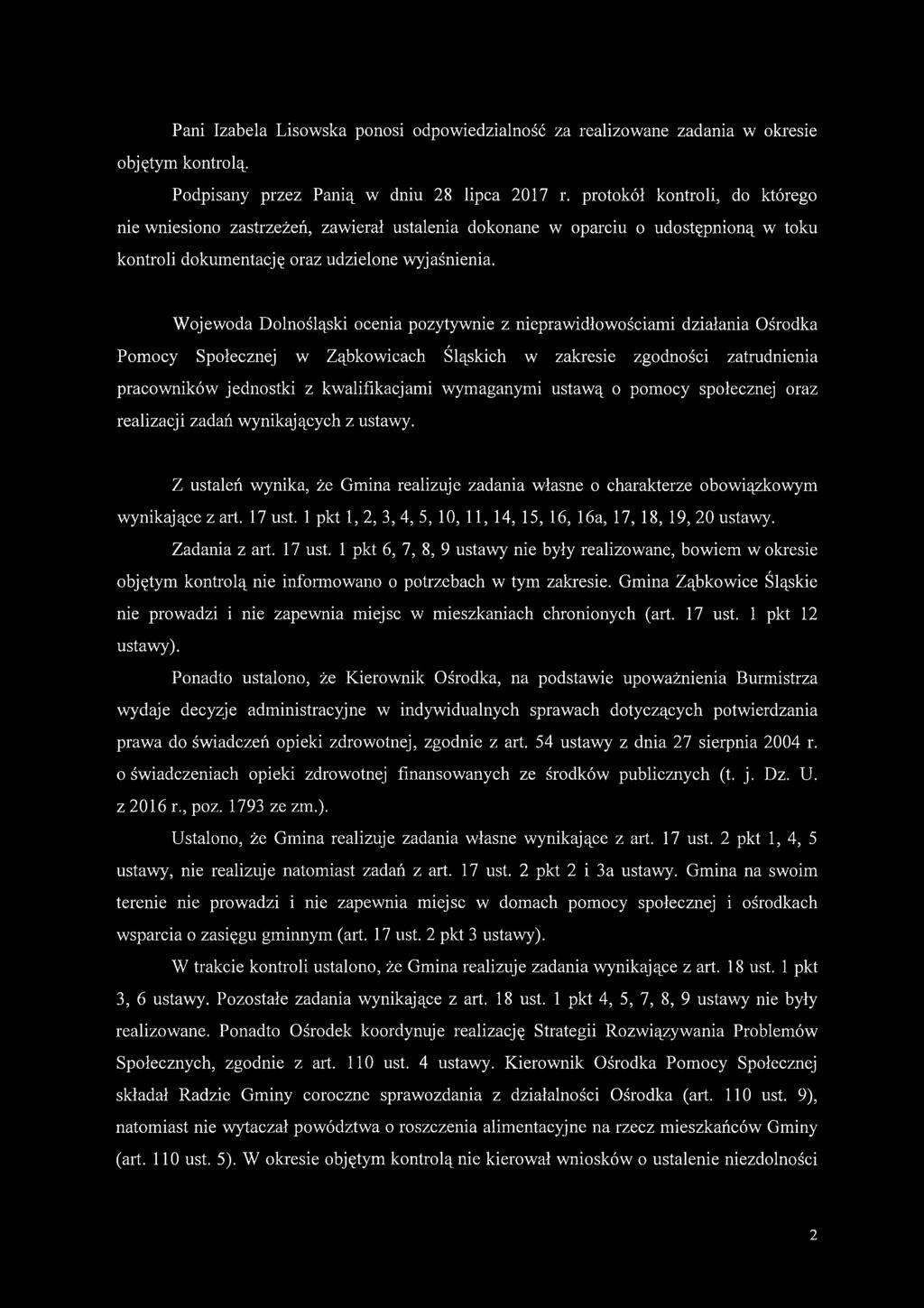 Wojewoda Dolnośląski ocenia pozytywnie z nieprawidłowościami działania Ośrodka Pomocy Społecznej w Ząbkowicach Śląskich w zakresie zgodności zatrudnienia pracowników jednostki z kwalifikacjami