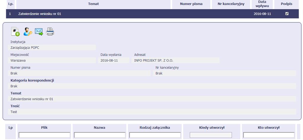 System zaprezentuje okno Pismo/wiadomość tożsame z formularzem właściwym dla tworzenia tych dokumentów.