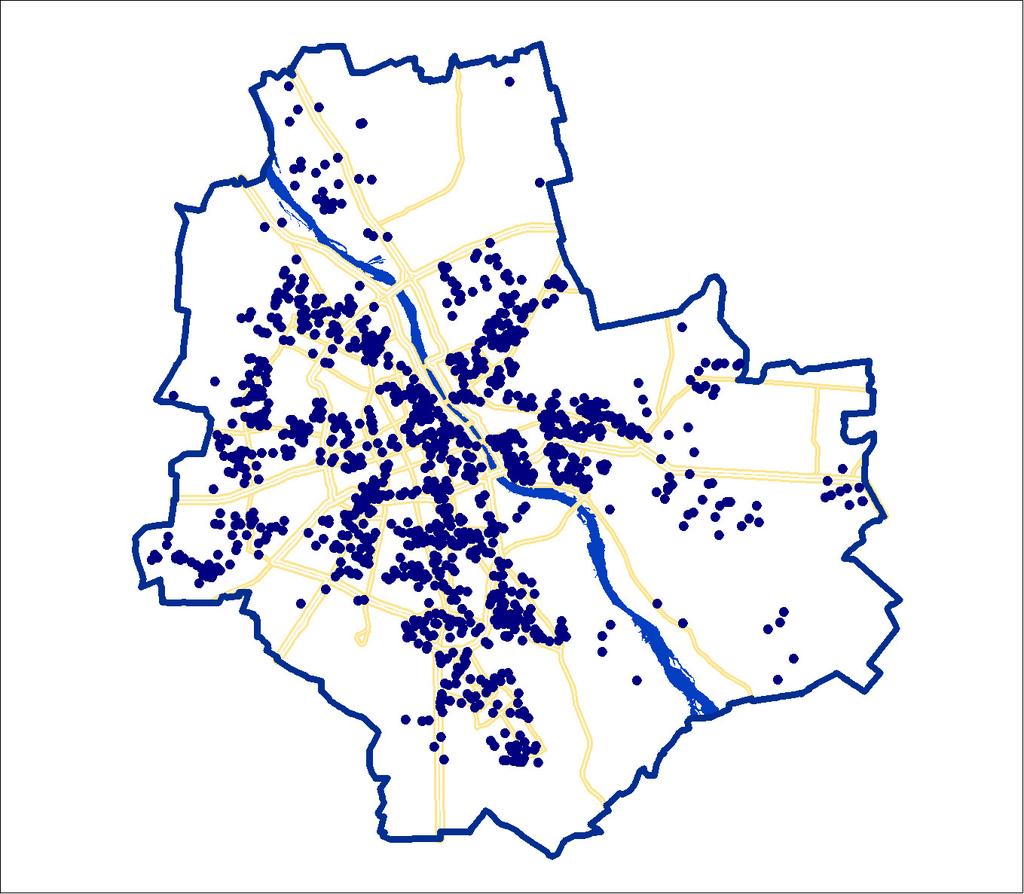Oferty zlokalizowane po wschodniej stronie Warszawy są znacznie tańsze niż oferty po zachodniej stronie miasta. Wyjątkiem jest część Pragi Południe i północna część Wawra (Anin). Mapa 1.