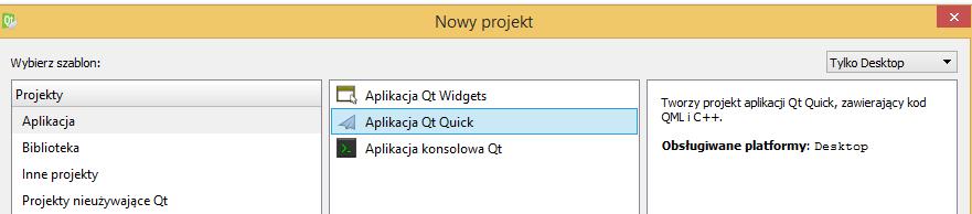 3. Jako nowy projekt wybieramy Aplikacje ; typ interesującej nas aplikacji