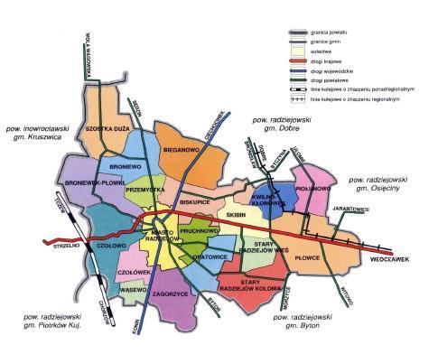 Rysunek 2 Mapa Gminy Radziejów z podziałem na sołectwa Źródło: Biuletyn Sejmiku Województwa Kujawsko-Pomorskiego, Nr 57, czerwiec 2004) Powierzchnia gminy wynosi 92,6 km 2, z czego użytki rolne