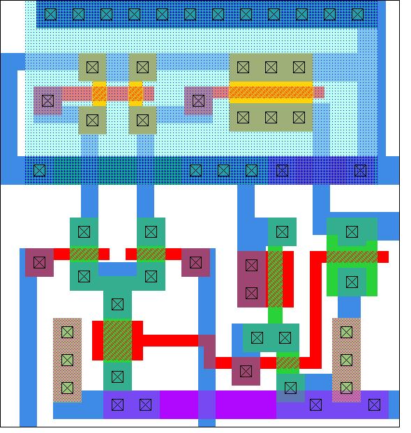 Wzmacniacz zaprojektowano w technologii ECPD1.0 (plik technologiczny ECPD10_0.25) Topografia układu, która stanowi punkt wyjścia do dalszych prac, jest pokazana na rys. 3.