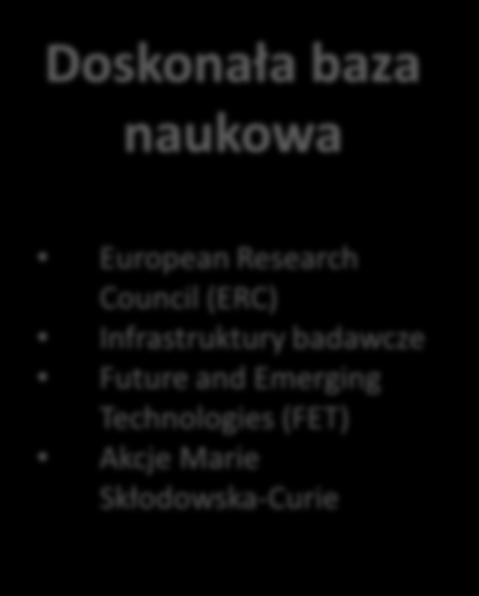 Doskonała baza naukowa European Research Council (ERC) Infrastruktury badawcze Future and Emerging Technologies (FET) Akcje Marie Skłodowska-Curie Wiodąca pozycja w przemyśle Technologie wspomagające