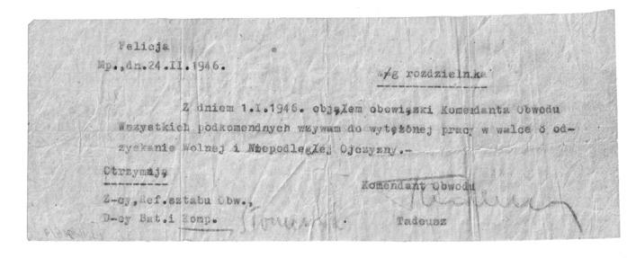 Įsakymas, informuojantis, kad nuo 1946 m. sausio 1 d.