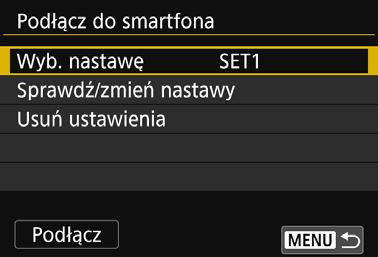 Zapisywanie nastaw wielu połączeń Aparat pozwala zapisać maksymalnie trzy nastawy połączenia w przypadku każdej funkcji Wi-Fi. 1 Wybierz pozycję [Funkcja Wi-Fi].