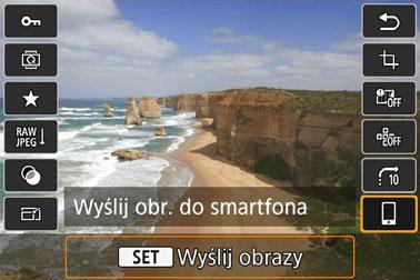 1 2 Uzyskaj bezprzewodowe połączenie między aparatem i smartfonem. Odtwórz obraz i naciśnij przycisk <Q>.