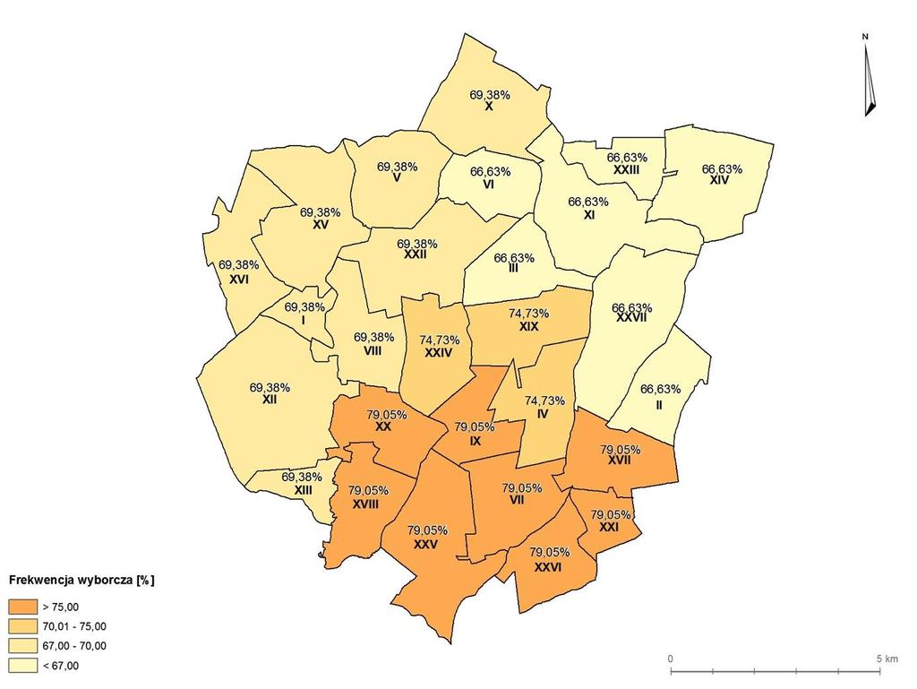 Mapa nr 9 Frekwencja wyborcza w wyborach samorządowych w 2014 r.
