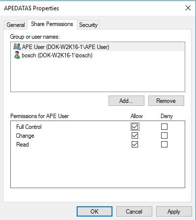 68 pl Użytkowanie produktu Access Professional Edition Kliknij prawym przyciskiem myszy na Nazwa udostępnionego folderu APEDATA$, otwórz Właściwości Wybierz kartę Udostępnij pozwolenia Dodaj grupę