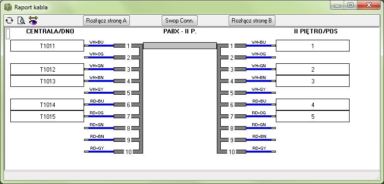 GENEROWANIE RAPORTU KABLA Tworzenie połączeń kablowych Program pozwala obejrzeć sposób podłączenia par w kablu. Zobacz, jak podłączony jest kabel PABX II P.. W oknie Kable kliknij na kabel PABX II P.