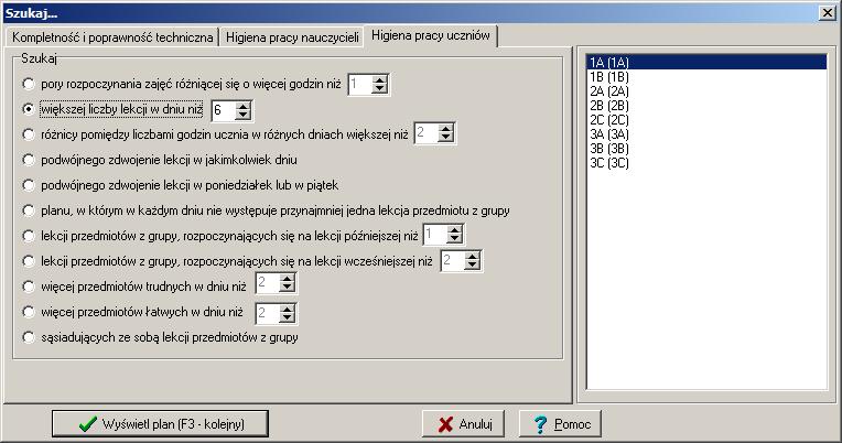 Wyszukiwanie planów spełniających określone warunki Rysunek 17. Karta wyszukiwania planów ze względu na higienę pracy uczniów.
