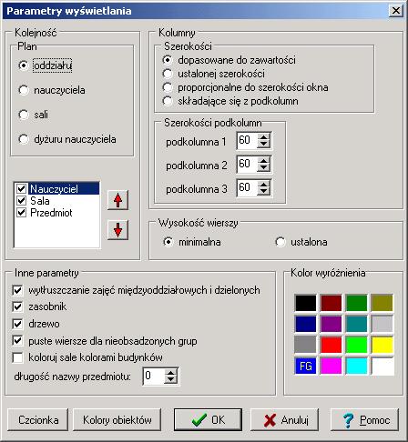 Parametry wyświetlania Wysokość wiersza. Wybranie opcji minimalna powoduje automatyczne dopasowywanie wysokości wiersza do zawartości planu.